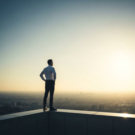 Businessman standing on top of a building looking at the city.の素材