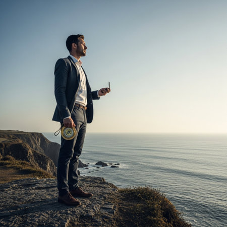 Businessman standing on the top of a mountain and looking at the seaの素材