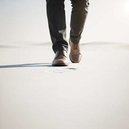 Low section of businessman walking on the sand in the desert with sunlightの素材