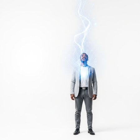 Businessman with lightning coming out of his head concept on white backgroundの素材