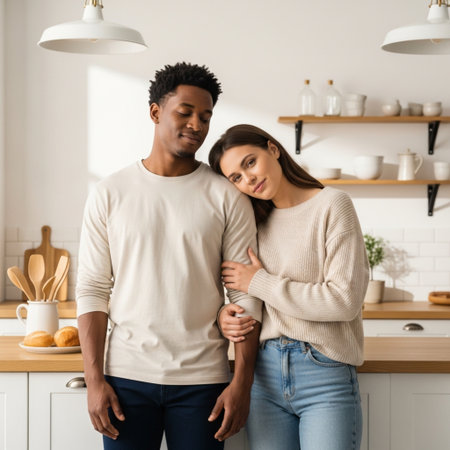 Happy young multiethnic couple standing in kitchen at home, hugging and looking at each otherの素材