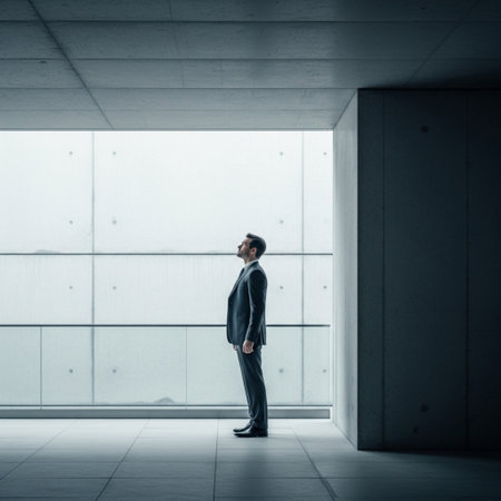 Businessman standing in corridor of modern office building, looking at windowの素材