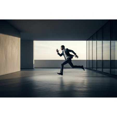 Young businessman running in modern office interior with sunlight. 3D Renderingの素材