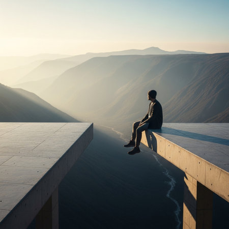 Silhouette of a businessman sitting on the edge of a cliffの素材