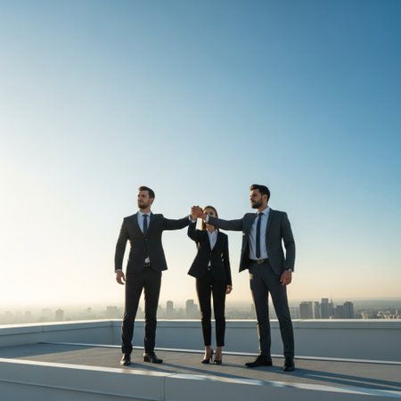 Group of business people standing on top of a building and looking at the cityの素材