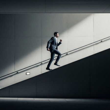 Businessman walking on ladder to success. Career growth and progress conceptの素材