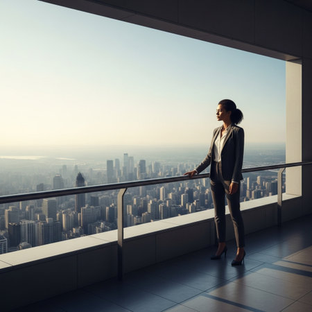 Young businesswoman standing on balcony and looking at city view. Success conceptの素材