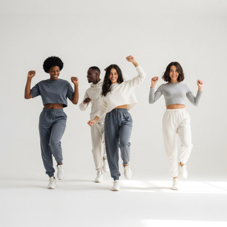 Full length portrait of happy african american girls in sportswear jumping on white backgroundの素材