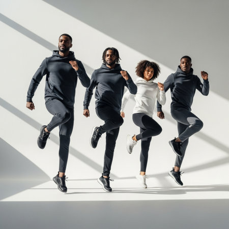 full length view of multicultural friends in sportswear running on greyの素材