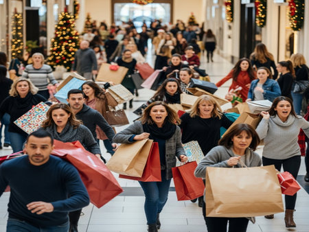 Group of people shopping in the mall. Christmas and New Year concept.の素材