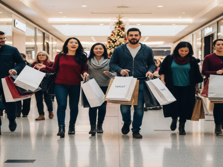 Group of happy friends with shopping bags walking in mall. Christmas and New Year concept.の素材