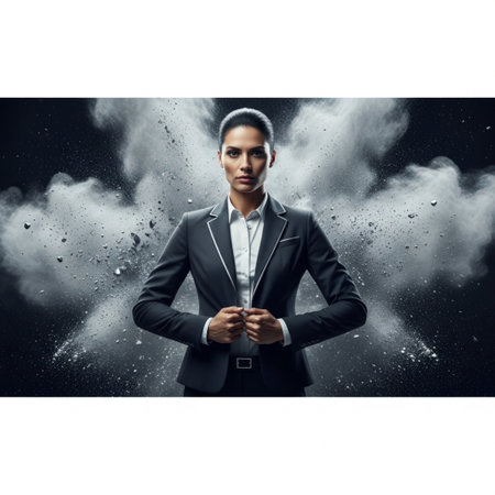 Businesswoman in black suit with white blank banner  Place for textの素材