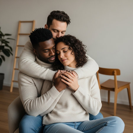 smiling african american couple hugging in living room at homeの素材