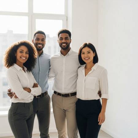 Group of happy young multiethnic businesspeople standing together in officeの素材
