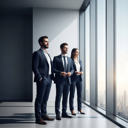 Group of businesspeople standing in modern office with panoramic window and city viewの素材