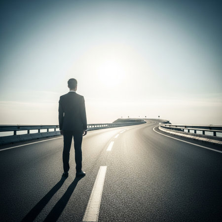 Businessman standing on the road and looking forward to the future.の素材