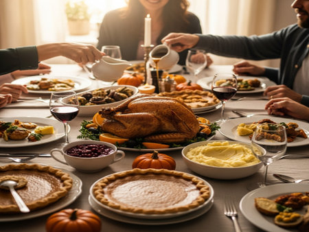 Cropped image of family having Thanksgiving dinner with turkey at home.の素材