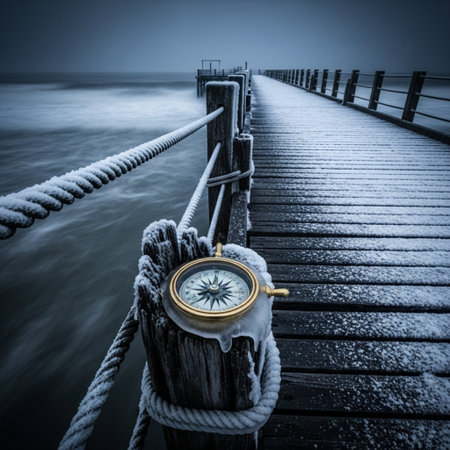 Wooden pier with compass in winter, Baltic Sea, Poland.の素材