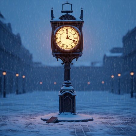 Old fashioned clock on a snowy street at night in Moscow, Russiaの素材