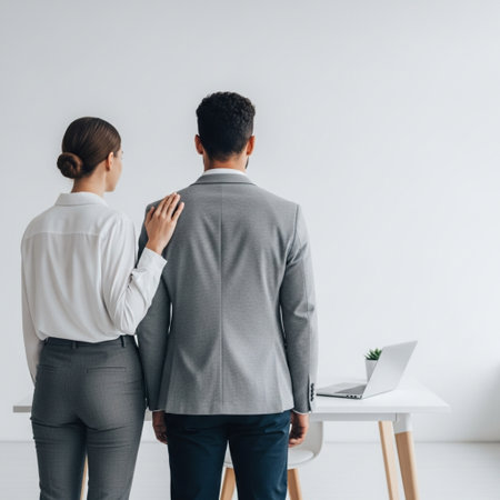 back view of businesswoman and businessman looking at each other in officeの素材
