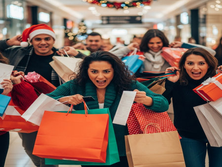 Group of happy young people with shopping bags in the mall. Christmas shopping concept.の素材