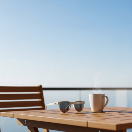 Coffee Cup and Sunglasses on the Table. 3d Renderingの素材