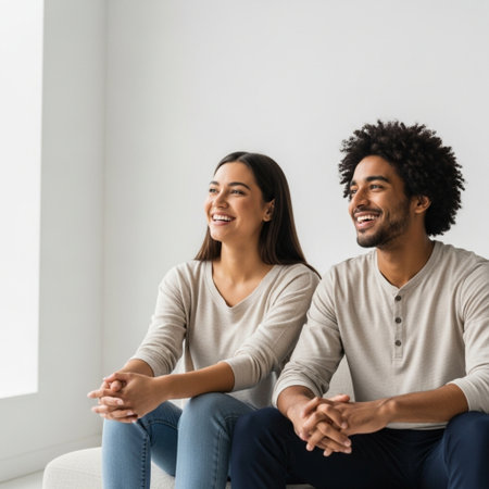 happy interracial couple sitting on sofa and looking at each other at homeの素材
