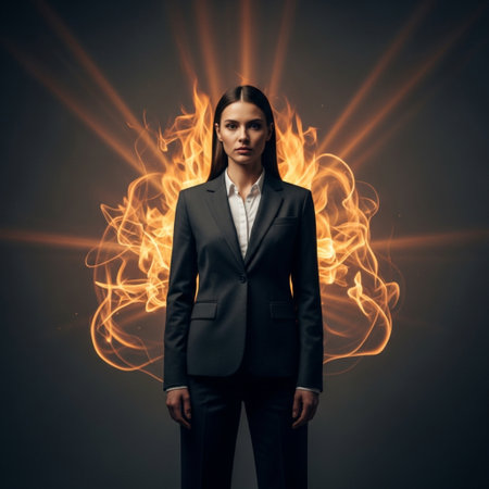 Businesswoman in a suit with a burning fire on a dark backgroundの素材