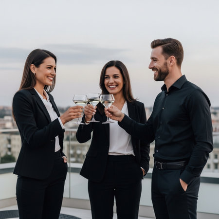 cheerful businesspeople clinking glasses with champagne at rooftop partyの素材