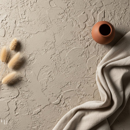 Ceramic vase and dried flowers on beige textured backgroundの素材