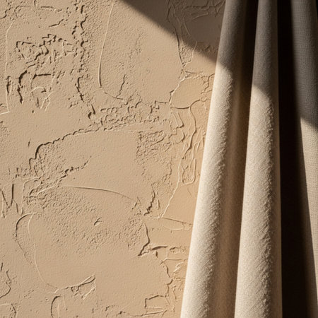 Curtains on a beige wall background. Copy space.の素材