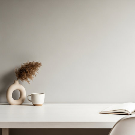 Minimalist workspace with coffee cup, vase and book on white wooden table. Mock up, 3D Renderingの素材