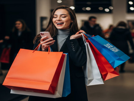 Beautiful young woman holding shopping bags and using smartphone in mall.の素材