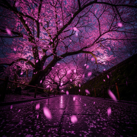 cherry blossom in hokkaido japan at nightの素材