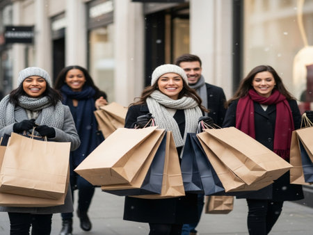Group of happy friends with shopping bags walking in the street in winterの素材