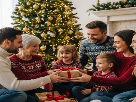 family, holidays, generation, christmas and people concept - happy family opening gift box at homeの素材