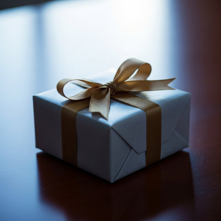 Gift box with gold ribbon on wooden table. Shallow depth of field.の素材