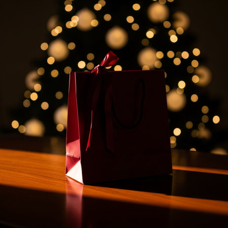 Christmas gift box and shopping bag on the background of the Christmas treeの素材