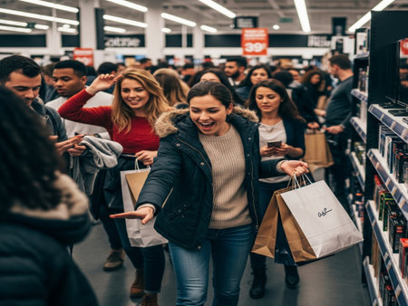 Group of young people shopping in a supermarket. They are happy and excited.の素材