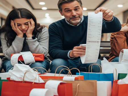 Unhappy couple is sitting on the bench in the shopping mall. They are looking at the receipt.の素材