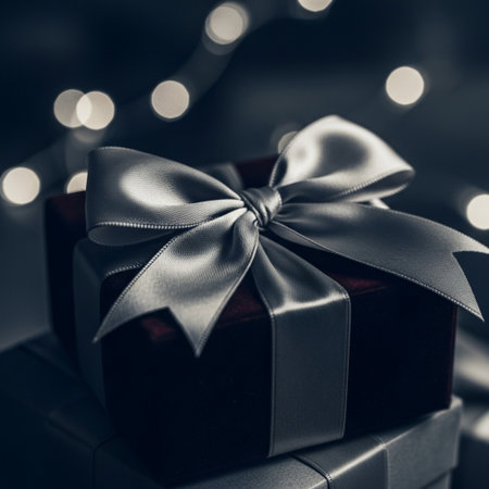 Gift box with bow on bokeh background, closeupの素材