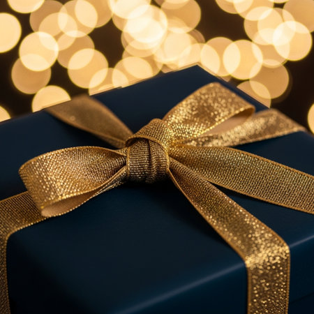 Blue gift box with gold ribbon and bow on bokeh backgroundの素材