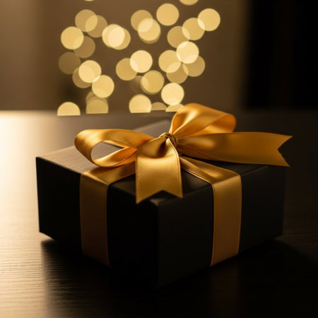 Black gift box with gold bow on wooden table in front of defocused lightsの素材