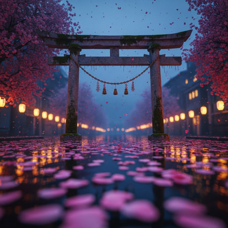 Foggy night in Shinto shrine, Japan. 3D renderingの素材