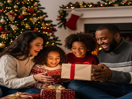 happy family with christmas gift boxes sitting on floor in living roomの素材
