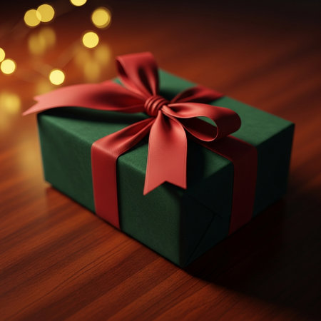 Gift box with red ribbon and bokeh on wooden backgroundの素材