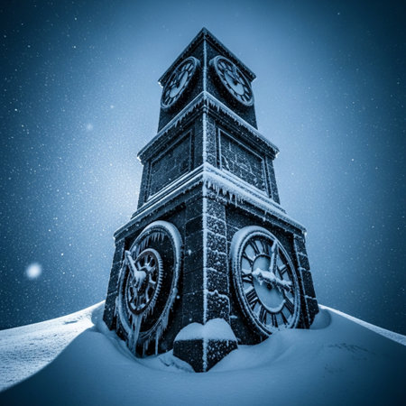 Snow covered clock tower in winter landscape with falling snowflakes.の素材