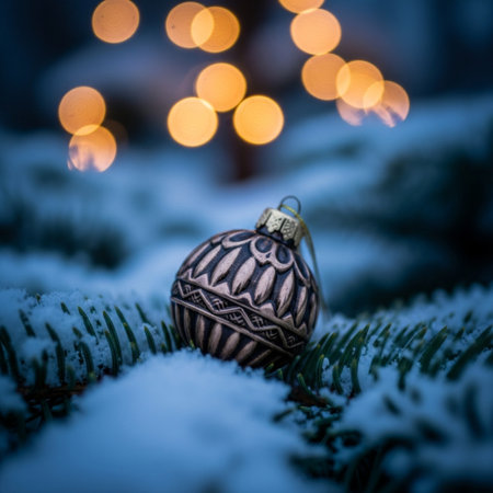 Christmas tree decoration with snow and bokeh lights in the backgroundの素材