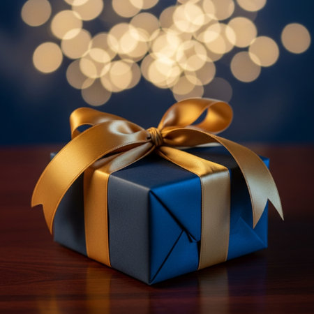 Blue gift box with gold bow on wooden table and bokeh backgroundの素材