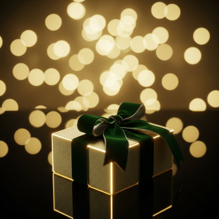 Golden gift box with green bow on bokeh lights background.の素材